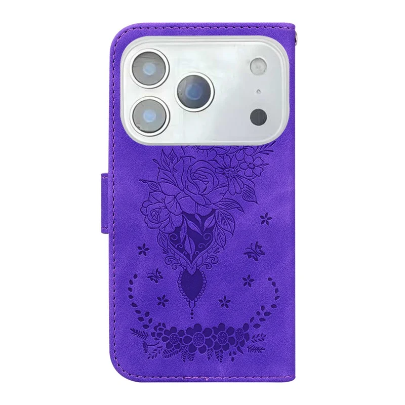 For iPhone 18 Pro / 17 Pro Case Butterfly Flower Imprint PU Leather Wallet Phone Cover with Strap - Purple