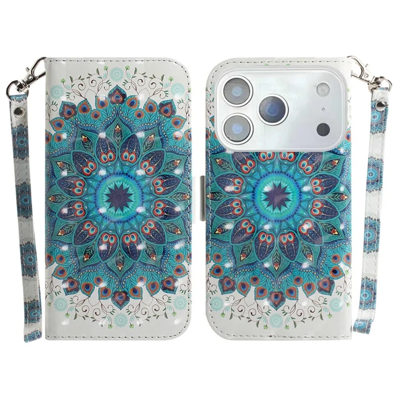 For iPhone 17 Pro Case Pattern Printing Leather Wallet Phone Cover with Wrist Strap - Peacock Wreath