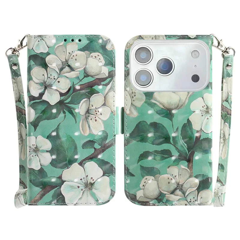 For iPhone 17 Pro Case Pattern Printing Leather Wallet Phone Cover with Wrist Strap - Watercolor Flowers