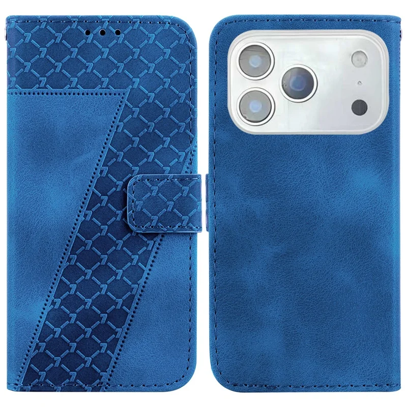 For iPhone 18 Pro / 17 Pro Stand Case 7-Shaped Pattern Imprint Leather Phone Cover with Strap - Dark Blue