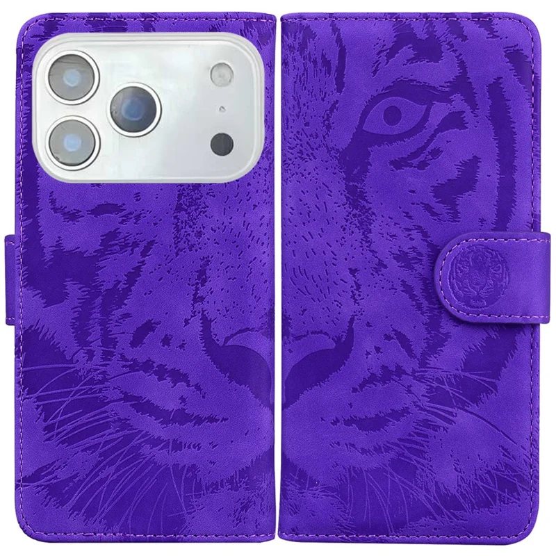 For iPhone 17 Pro Case met Tijgerprint Lederen Portemonnee Hoesje - Paars