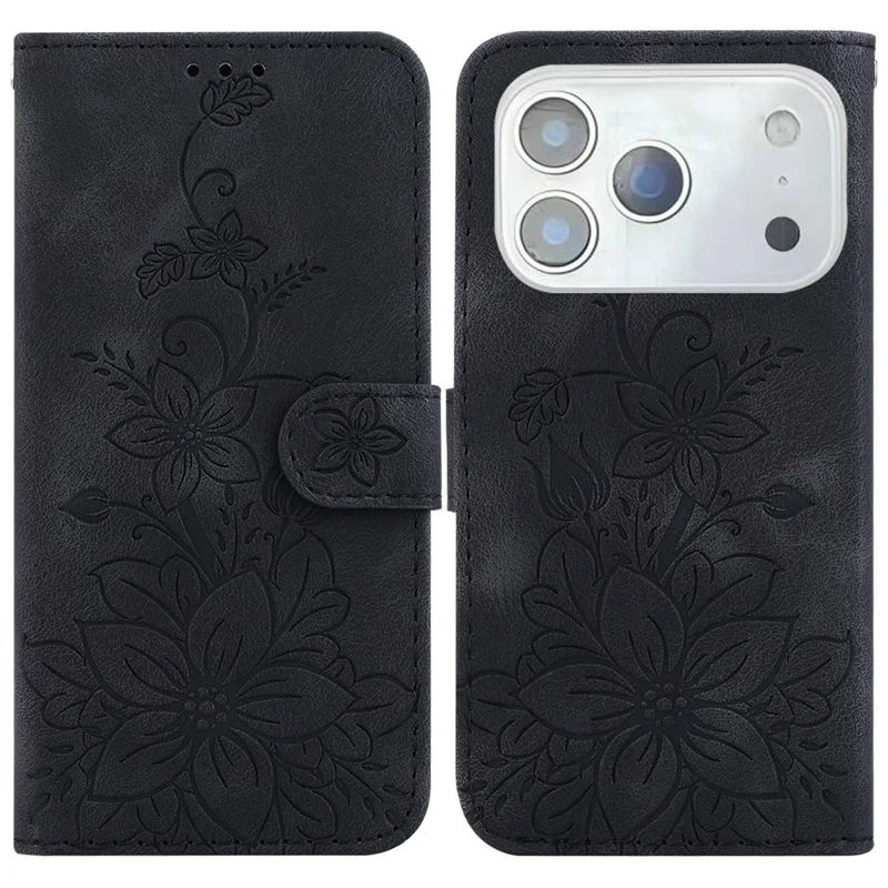 For iPhone 18 Pro / 17 Pro Stand Case Lily Flower Imprint Leather Phone Cover with Wrist Strap - Black