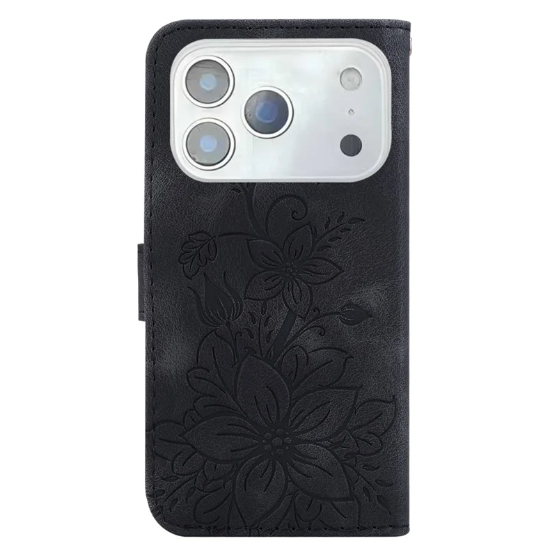 For iPhone 18 Pro / 17 Pro Stand Case Lily Flower Imprint Leather Phone Cover with Wrist Strap - Black