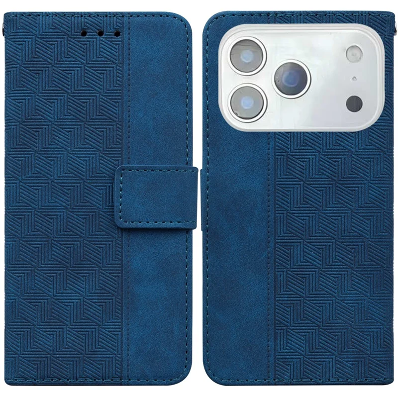For iPhone 18 Pro Max / 17 Pro Max Case Geometry Pattern Leather Wallet Phone Cover with Wrist Strap - Blue