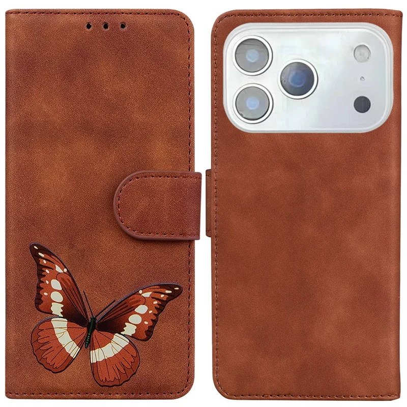 For iPhone 17 Pro Max Stand Case PU Leather Phone Cover Butterfly Printed - Brown