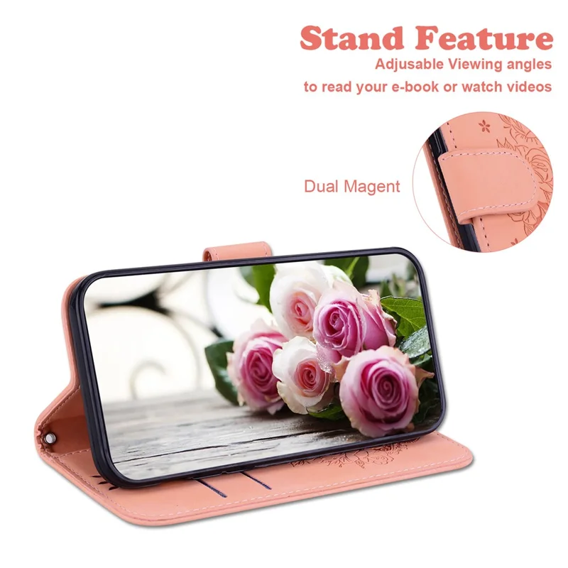 Étui pour iPhone 17 Pro Max Papillon Fleur Impression Portefeuille en cuir PU Housse de téléphone avec Sangle - Rose