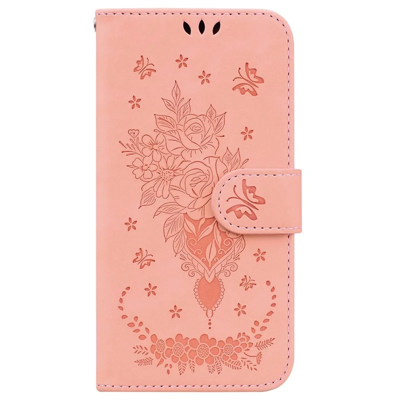 Étui pour iPhone 17 Pro Max Papillon Fleur Impression Portefeuille en cuir PU Housse de téléphone avec Sangle - Rose