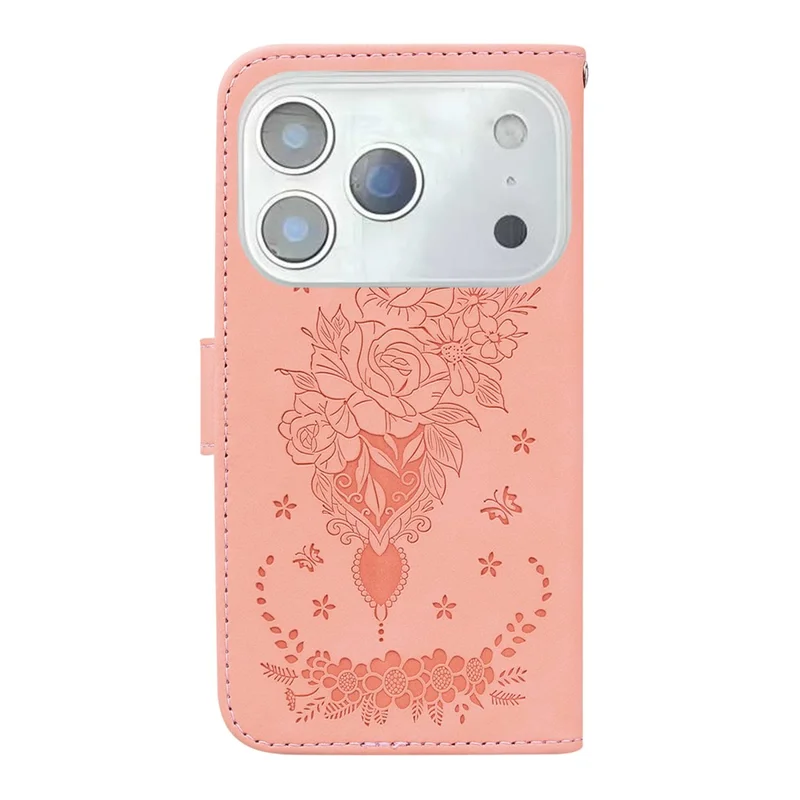 Étui pour iPhone 17 Pro Max Papillon Fleur Impression Portefeuille en cuir PU Housse de téléphone avec Sangle - Rose