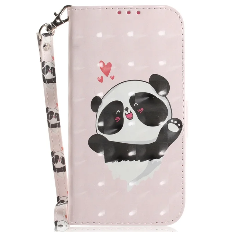 For iPhone 17 Pro Max Case Pattern Printing Leather Wallet Phone Cover with Wrist Strap - Love Heart Panda