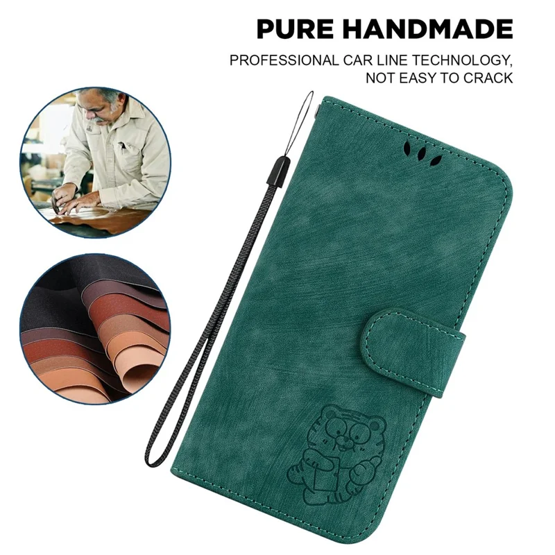 For iPhone 18 Pro Max / 17 Pro Max Wallet Case Tiger Imprint Leather Shockproof Phone Cover with Wrist Strap - Green