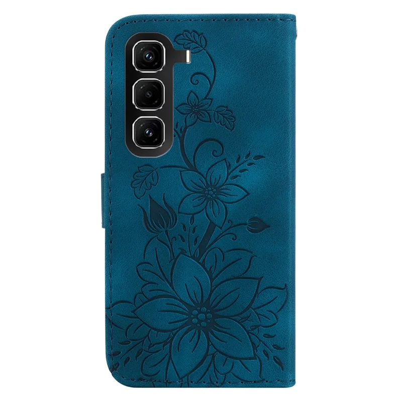 For Infinix Hot 50 Pro+ 4G Stand Case Lily Flower Imprint Leather Phone Cover with Wrist Strap - Dark Blue