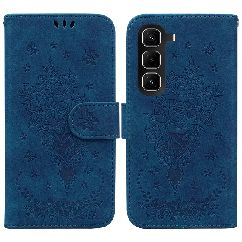 Для Infinix Hot 50 Pro 4G Чехол Бабочка Цветочный Оттиск PU Кожаный Бумажник Чехол для Телефона со Ремешком - Синий