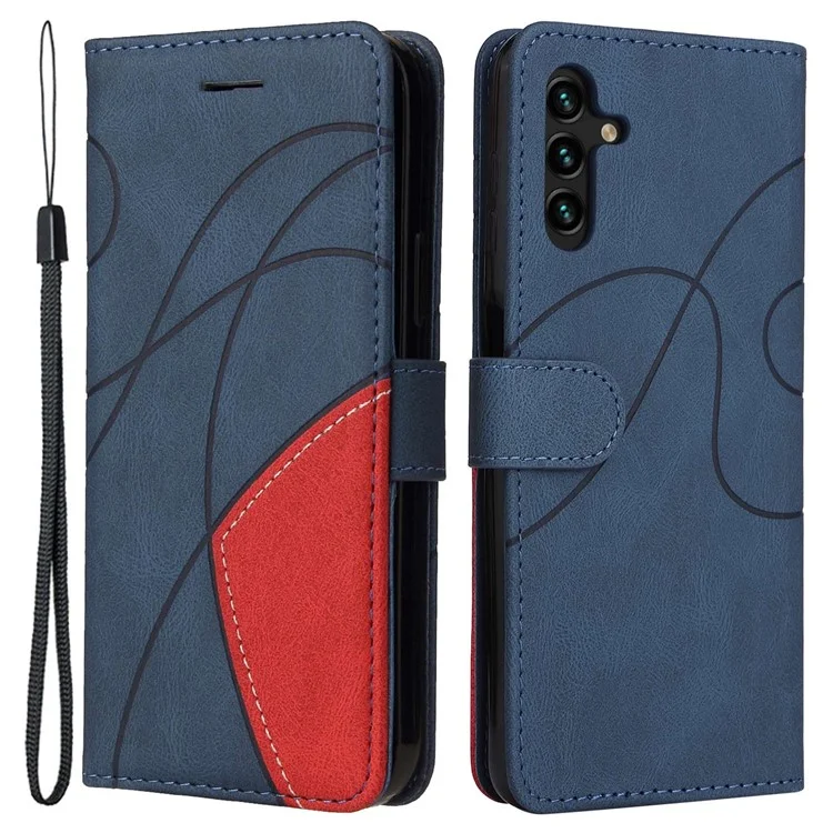 Чехол для сотового телефона Samsung Galaxy A14 5G / A14 4G KT Leather Series-1 Dual-color Splicing PU Leather Phone Case Stand Wallet with Strap - Blue