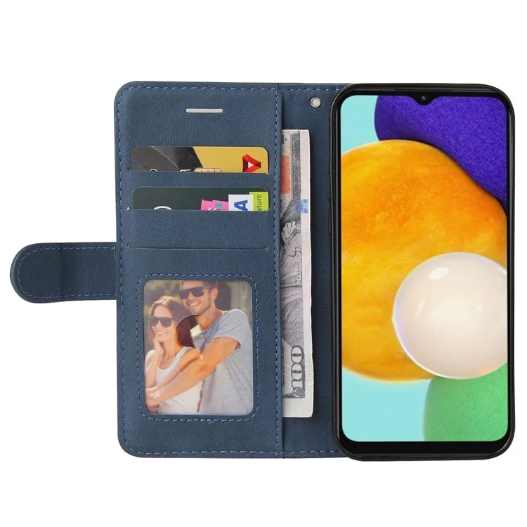 Чехол для сотового телефона Samsung Galaxy A14 5G / A14 4G KT Leather Series-1 Dual-color Splicing PU Leather Phone Case Stand Wallet with Strap - Blue