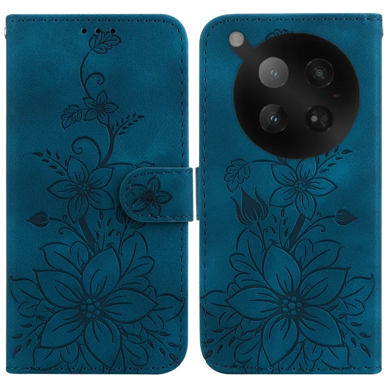 For Infinix Zero 40 4G Stand Case Lily Flower Imprint Leather Phone Cover with Wrist Strap - Dark Blue