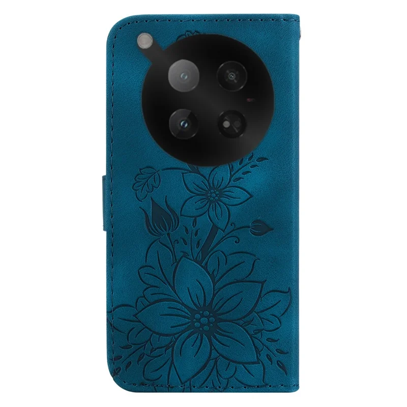 For Infinix Zero 40 4G Stand Case Lily Flower Imprint Leather Phone Cover with Wrist Strap - Dark Blue