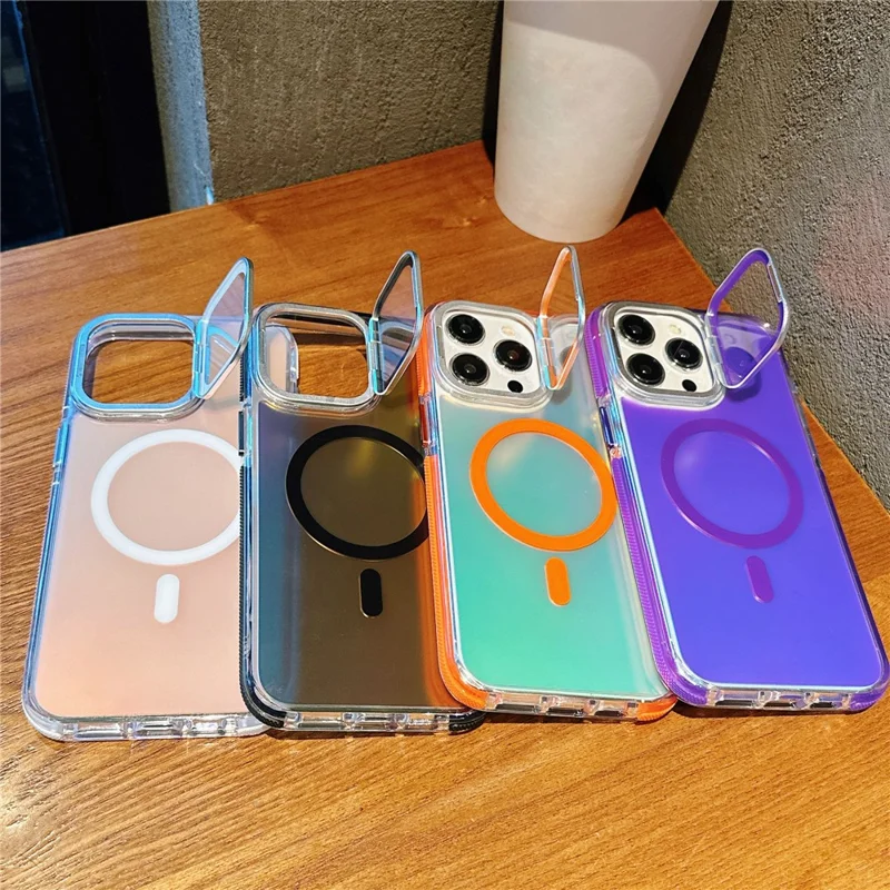 For iPhone 15 Pro Magnetic Case TPU Acrylic Phone Back Cover with Lens Film and Kickstand - White