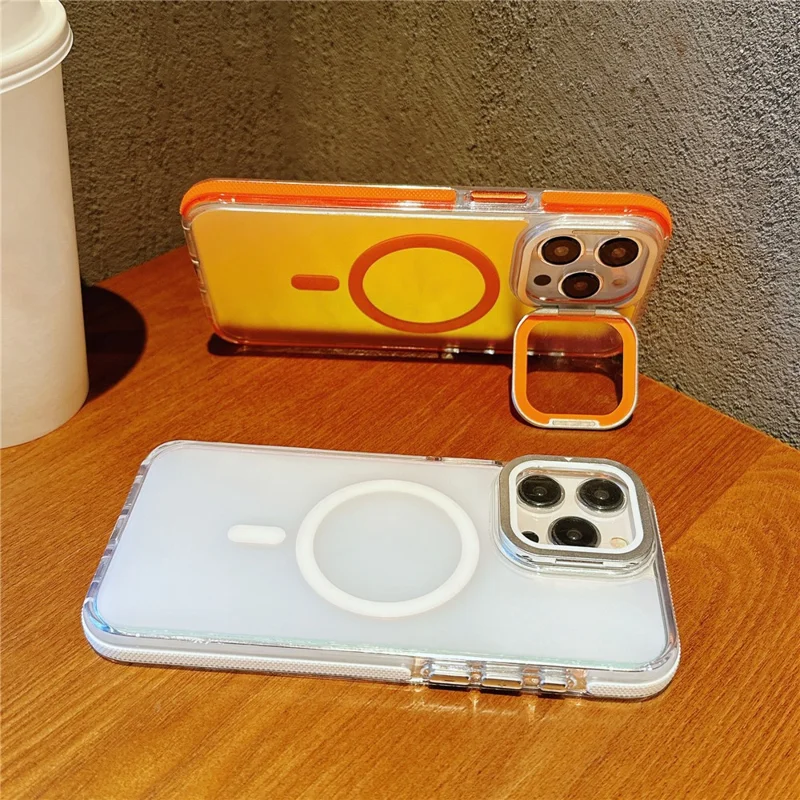 For iPhone 15 Pro Magnetic Case TPU Acrylic Phone Back Cover with Lens Film and Kickstand - White