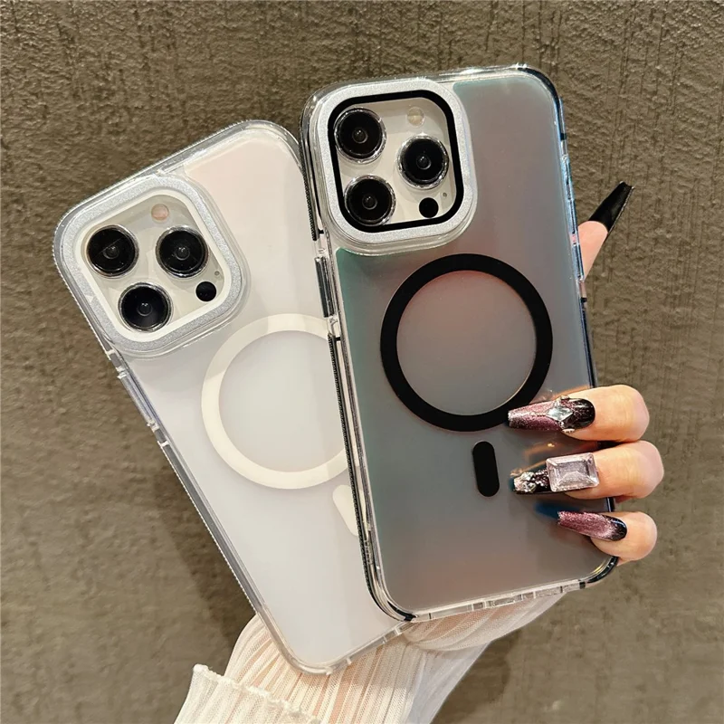 For iPhone 15 Pro Magnetic Case TPU Acrylic Phone Back Cover with Lens Film and Kickstand - White