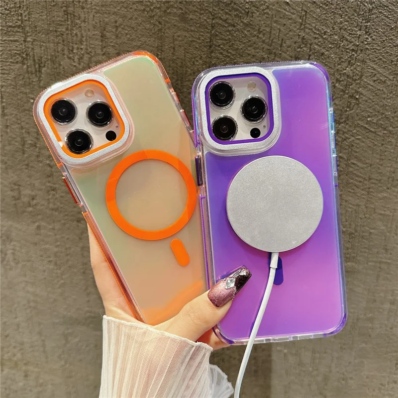 For iPhone 15 Pro Magnetic Case TPU Acrylic Phone Back Cover with Lens Film and Kickstand - White