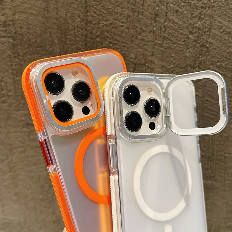 For iPhone 15 Pro Magnetic Case TPU Acrylic Phone Back Cover with Lens Film and Kickstand - White