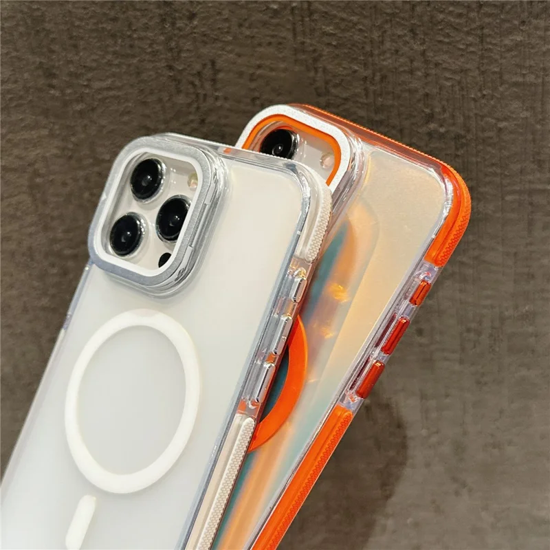 For iPhone 15 Pro Magnetic Case TPU Acrylic Phone Back Cover with Lens Film and Kickstand - White