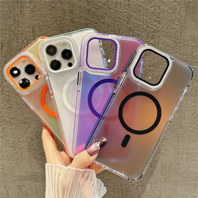 For iPhone 15 Pro Magnetic Case TPU Acrylic Phone Back Cover with Lens Film and Kickstand - White