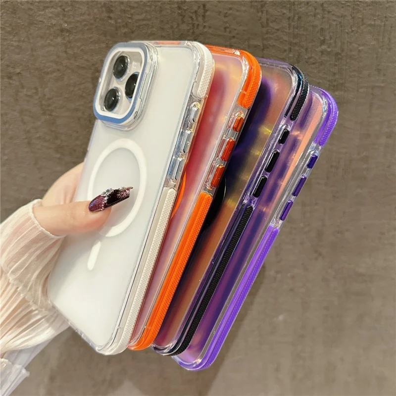 For iPhone 15 Pro Magnetic Case TPU Acrylic Phone Back Cover with Lens Film and Kickstand - White