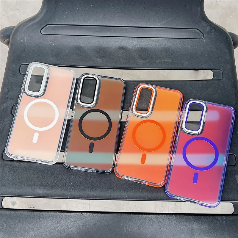 For Samsung Galaxy A55 5G Magnetic Case TPU Acrylic Phone Back Cover with Lens Film and Kickstand - Orange