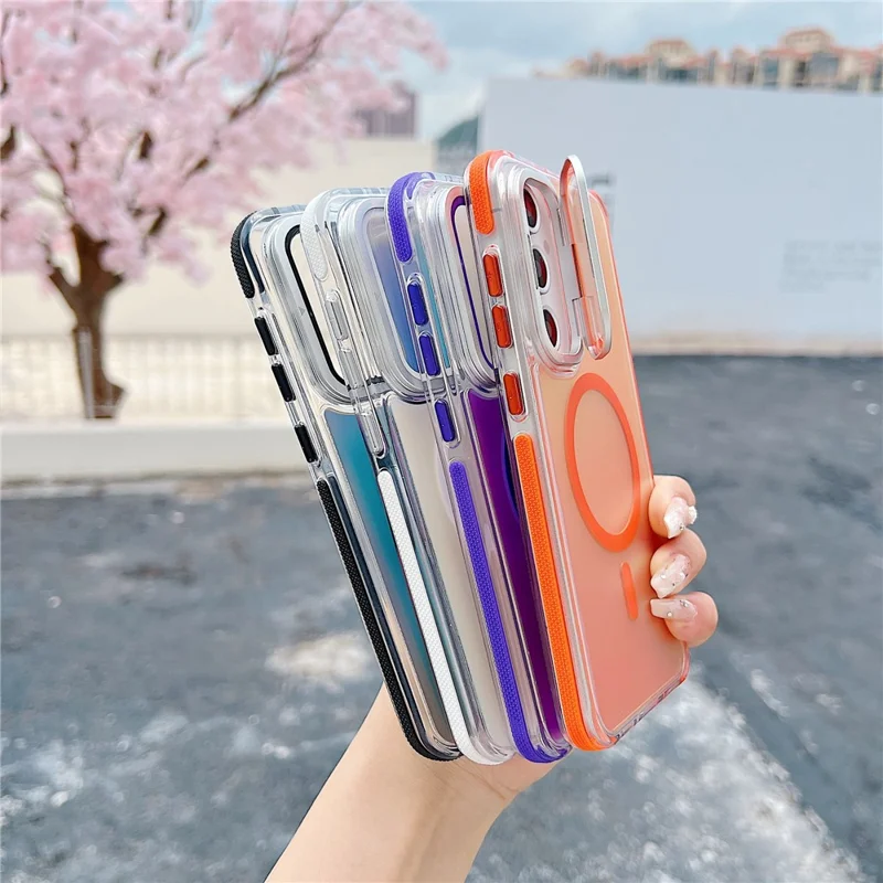 For Samsung Galaxy A55 5G Magnetic Case TPU Acrylic Phone Back Cover with Lens Film and Kickstand - Orange
