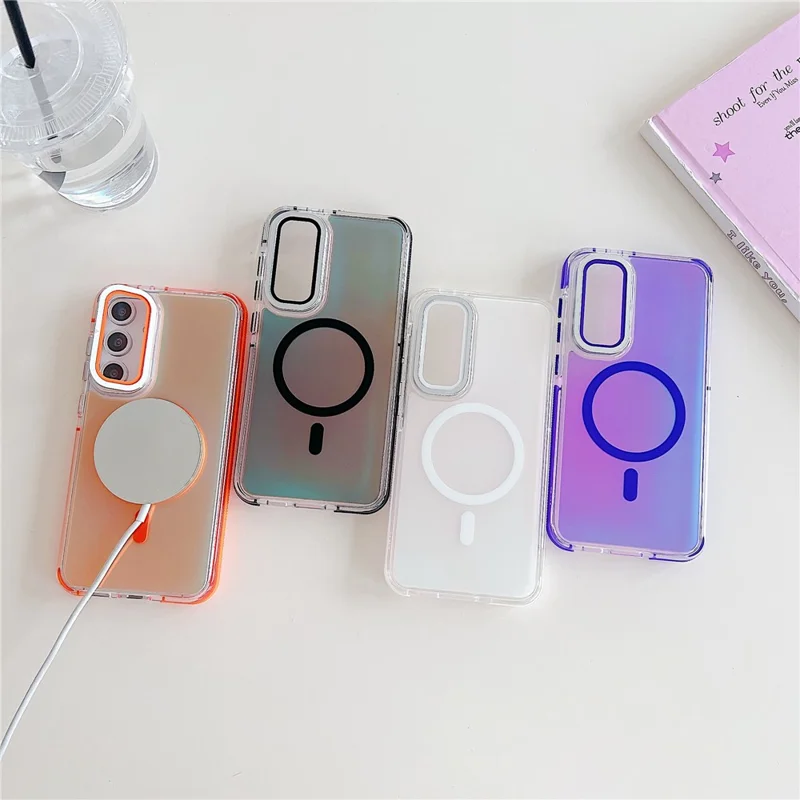 For Samsung Galaxy A55 5G Magnetic Case TPU Acrylic Phone Back Cover with Lens Film and Kickstand - Orange