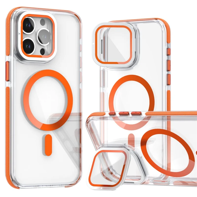 Étui magnétique pour iPhone 15 Pro Max TPU Acrylique Coque arrière transparente avec protecteur d'objectif Support - Orange