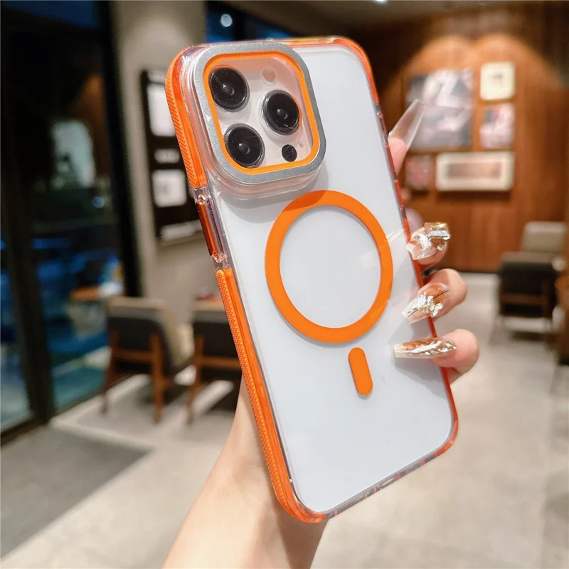 Étui magnétique pour iPhone 15 Pro Max TPU Acrylique Coque arrière transparente avec protecteur d'objectif Support - Orange