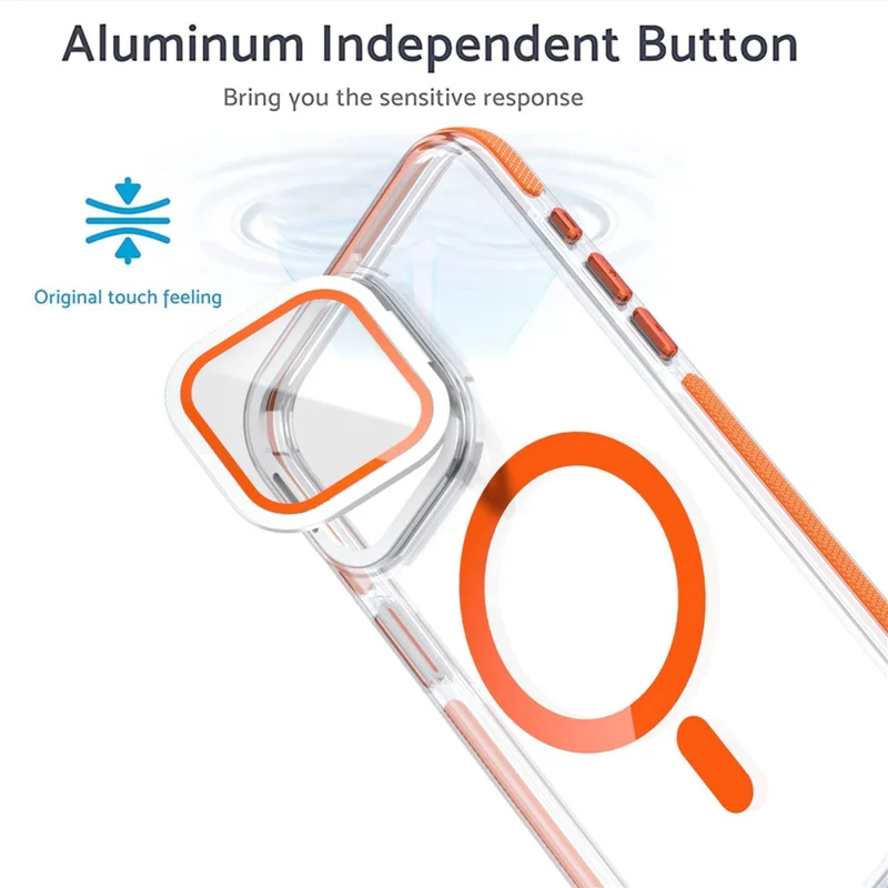 Étui magnétique pour iPhone 15 Pro Max TPU Acrylique Coque arrière transparente avec protecteur d'objectif Support - Orange