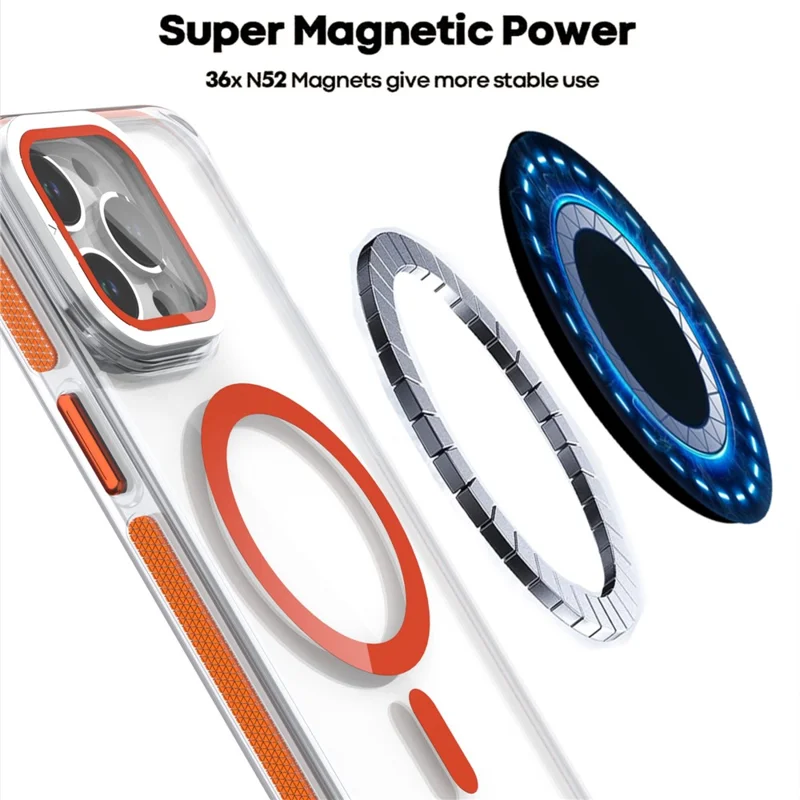 Étui magnétique pour iPhone 15 Pro Max TPU Acrylique Coque arrière transparente avec protecteur d'objectif Support - Orange