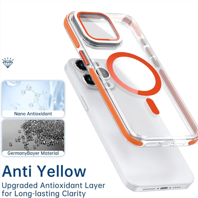 Étui magnétique pour iPhone 15 Pro Max TPU Acrylique Coque arrière transparente avec protecteur d'objectif Support - Orange
