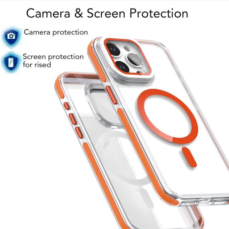 Étui magnétique pour iPhone 15 Pro Max TPU Acrylique Coque arrière transparente avec protecteur d'objectif Support - Orange