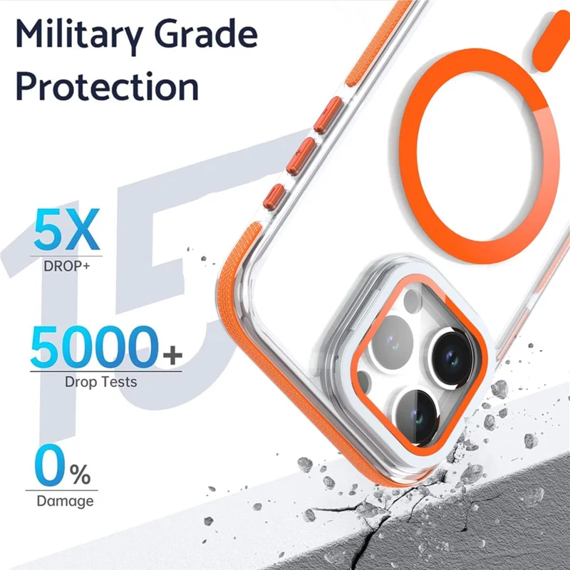 Étui magnétique pour iPhone 15 Pro Max TPU Acrylique Coque arrière transparente avec protecteur d'objectif Support - Orange