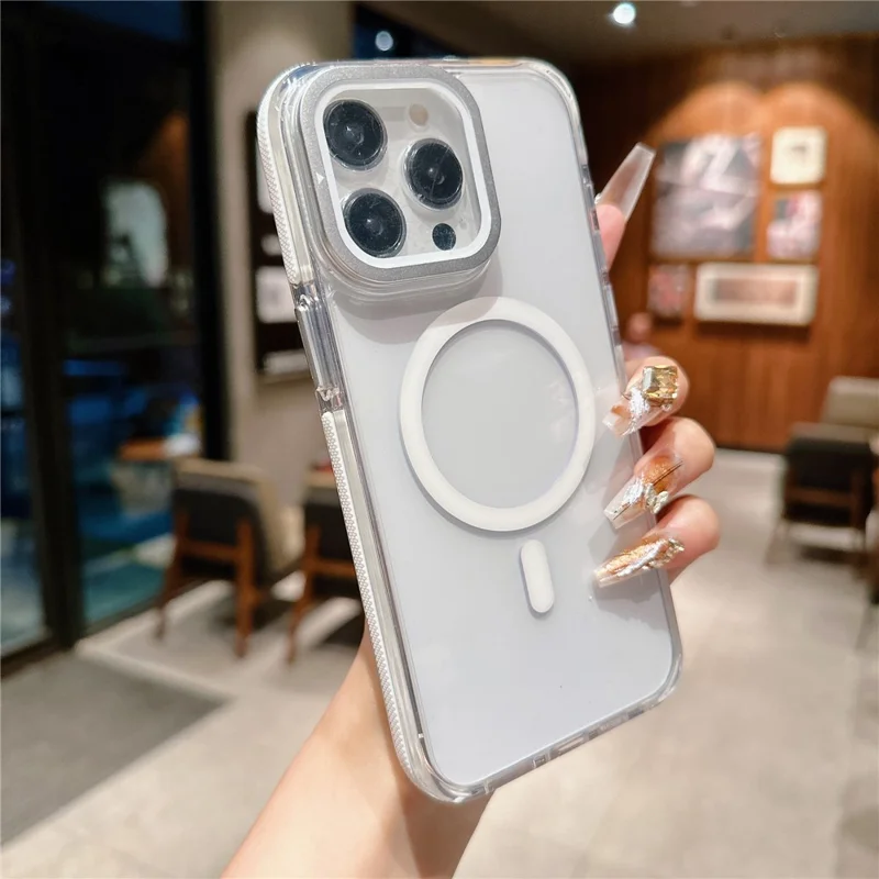 For iPhone 15 Pro Magnetic Case TPU Acrylic Clear Phone Back Cover with Lens Protector Kickstand - White