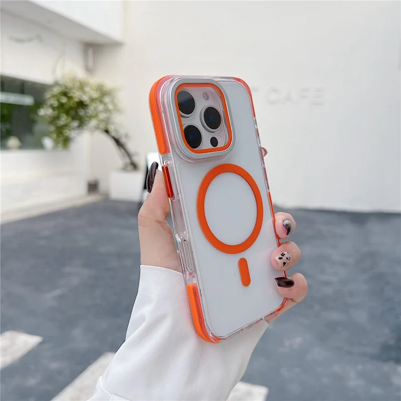 Capa para iPhone 16 Pro Max Compatível com MagSafe, TPU Acrílico Transparente com Proteção de Lente e Suporte - Laranja