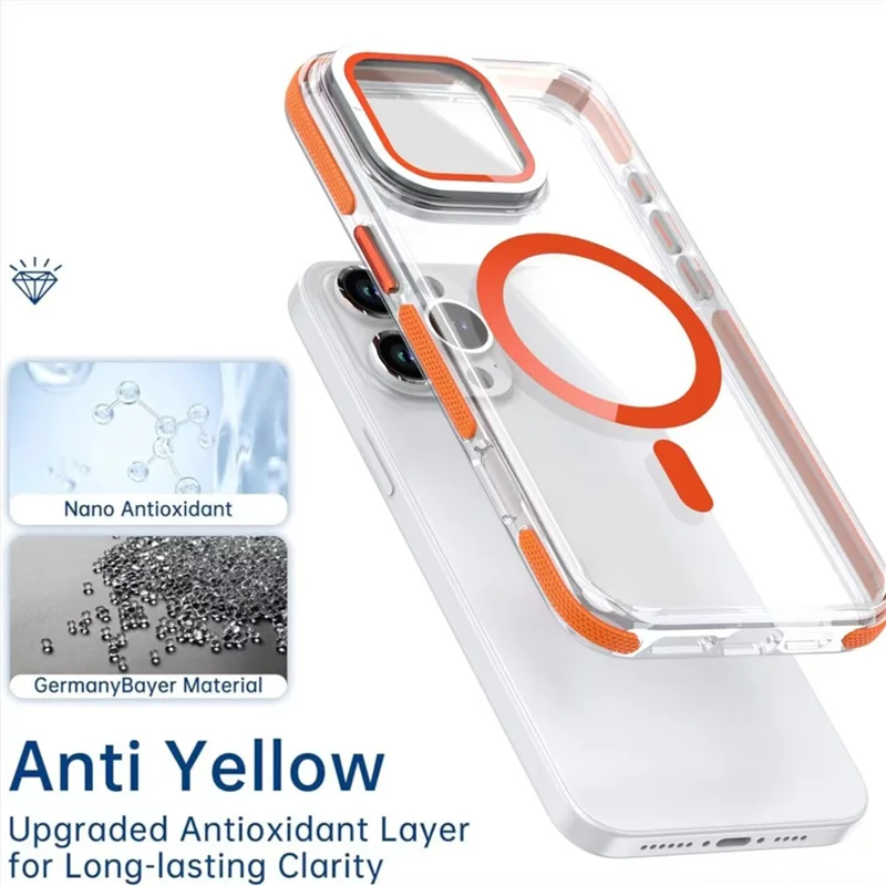 Capa para iPhone 16 Pro Max Compatível com MagSafe, TPU Acrílico Transparente com Proteção de Lente e Suporte - Laranja