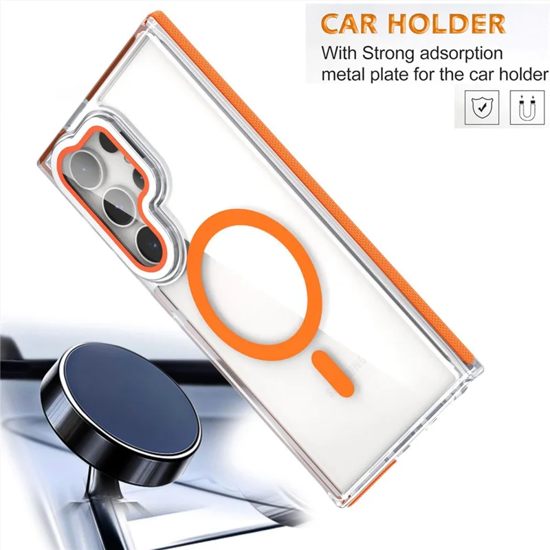 Pour Samsung Galaxy S24 Ultra Étui magnétique Coque de téléphone en TPU acrylique transparente avec protecteur d'objectif Support - Orange
