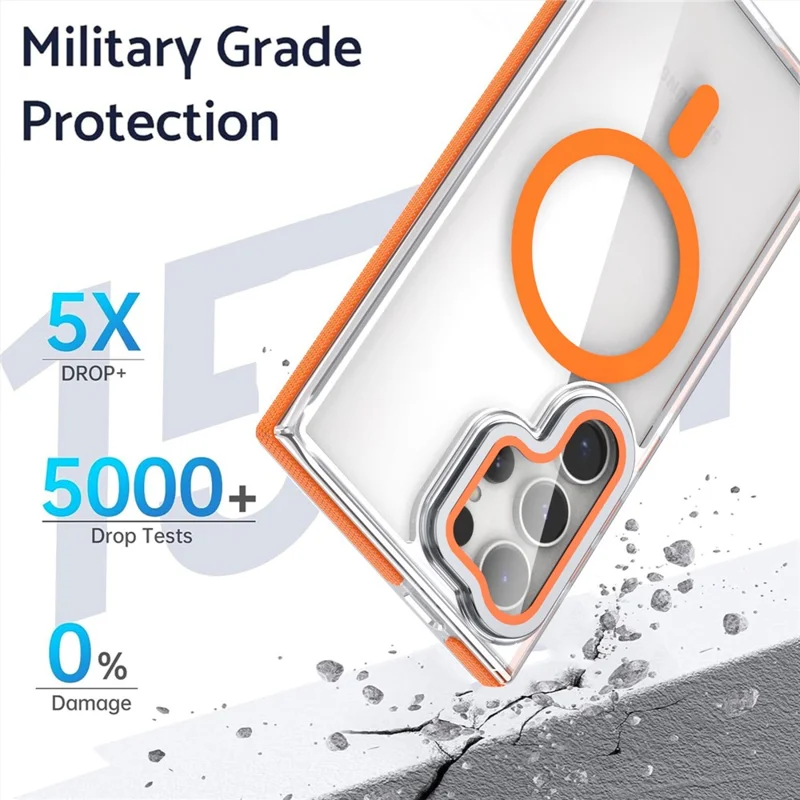 Pour Samsung Galaxy S24 Ultra Étui magnétique Coque de téléphone en TPU acrylique transparente avec protecteur d'objectif Support - Orange