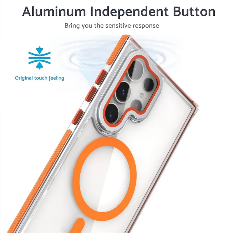 Pour Samsung Galaxy S24 Ultra Étui magnétique Coque de téléphone en TPU acrylique transparente avec protecteur d'objectif Support - Orange