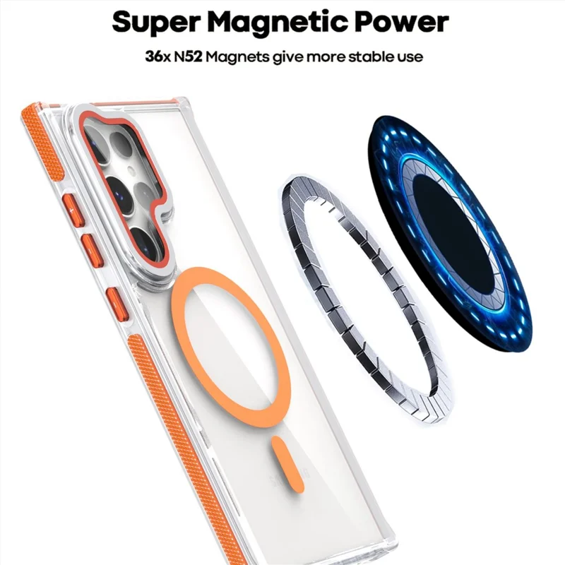 Pour Samsung Galaxy S24 Ultra Étui magnétique Coque de téléphone en TPU acrylique transparente avec protecteur d'objectif Support - Orange