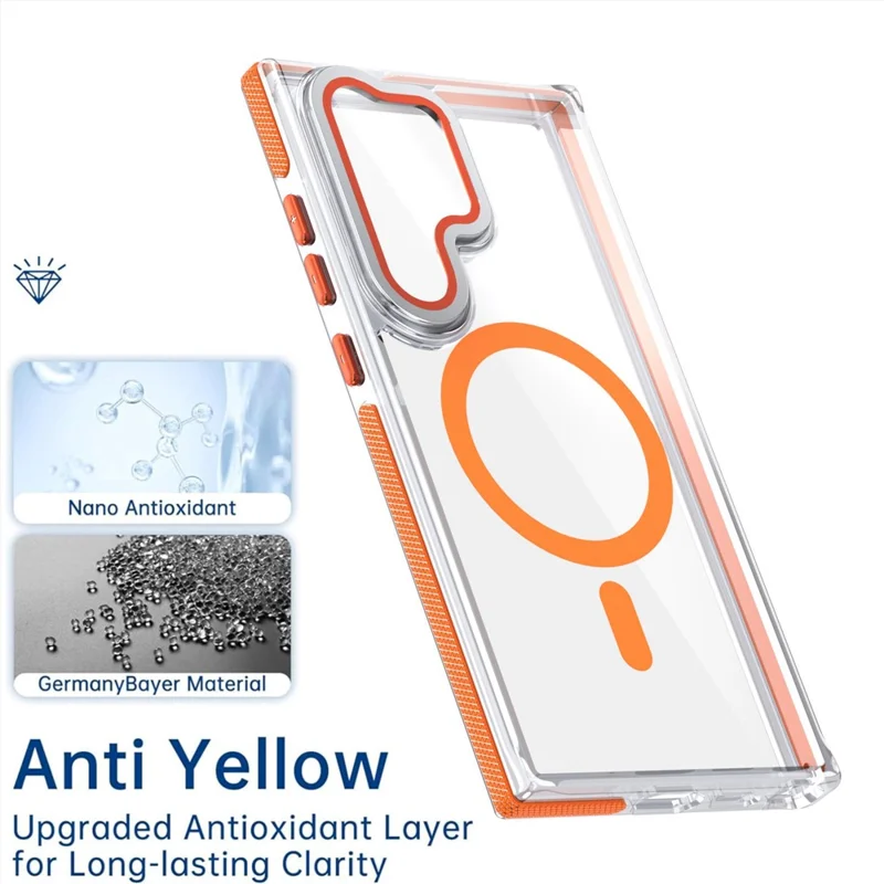 Pour Samsung Galaxy S24 Ultra Étui magnétique Coque de téléphone en TPU acrylique transparente avec protecteur d'objectif Support - Orange