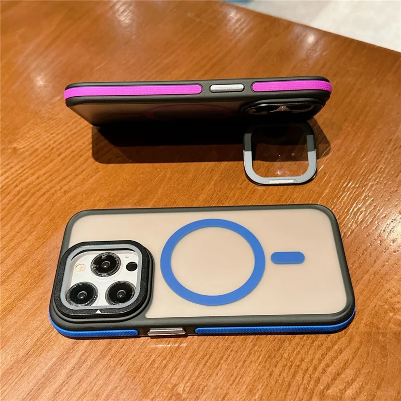 For iPhone 15 Pro Max Magnetic Case Skin-Touch TPU Acrylic Phone Back Cover with Lens Protector Kickstand - Purple