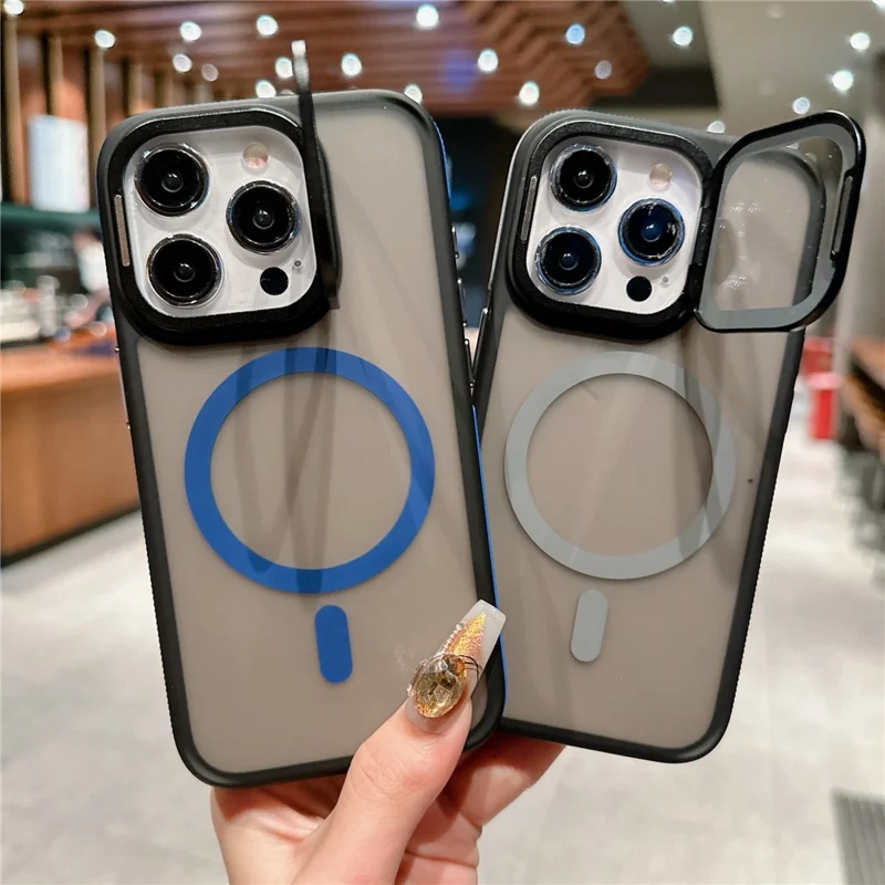 For iPhone 15 Pro Max Magnetic Case Skin-Touch TPU Acrylic Phone Back Cover with Lens Protector Kickstand - Purple