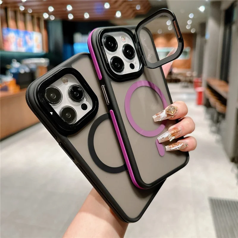 For iPhone 15 Pro Max Magnetic Case Skin-Touch TPU Acrylic Phone Back Cover with Lens Protector Kickstand - Purple