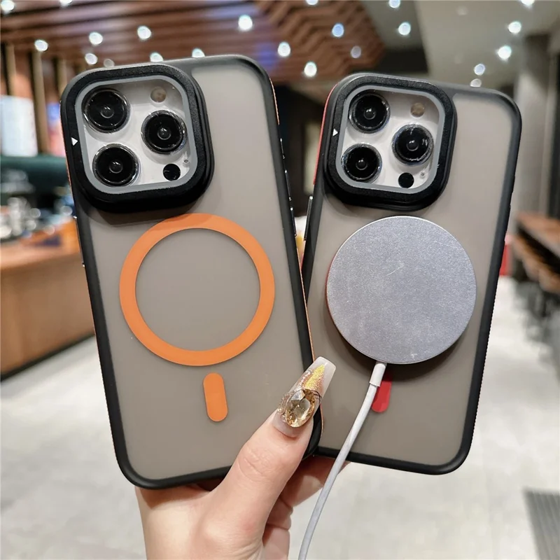 Für iPhone 15 Pro Magnetische Hülle mit Skin-Touch TPU Acryl Rückseite mit Objektivschutz und Ständer - Orange